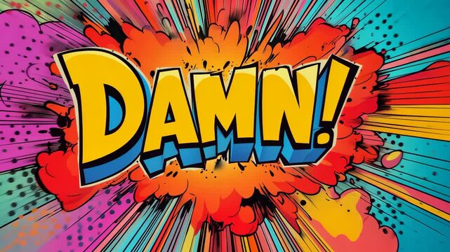 Pop art Damn! text. Colorful background in pop art retro comic style. Pop art animation video.