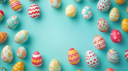 Many colorful Easter eggs on turquoise background with space for text. 