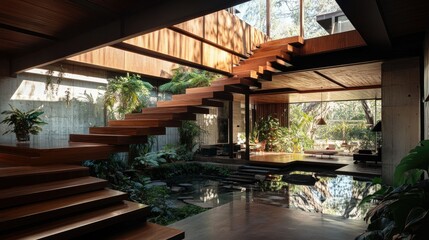 Fototapeta premium A modern house interior with a cantilevered wooden staircase, creating an architectural focal point.