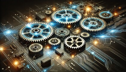 Mechanical Gears and Digital Circuits in Futuristic Harmony.