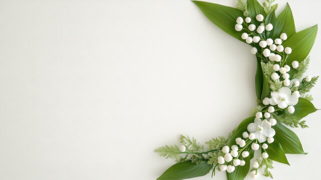 Two branches lily of the valley with white flowers and green leaves spring are creating a wreath frame on a white background, offering copy space