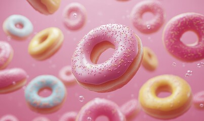 Colorful Floating Donuts with Sprinkles in a Pink Background Creating a Fun and Whimsical Atmosphere for Sweet Delight and Dessert Lovers