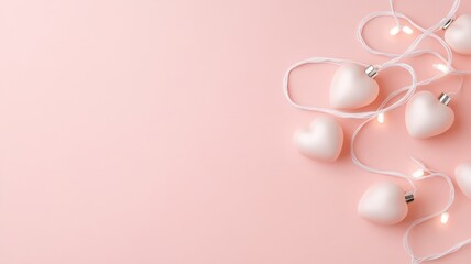 Heart shaped ornaments valentine hanging among fairy lights create a romantic vibe on a pink background, ideal for valentine's day or weddings copy space for your text