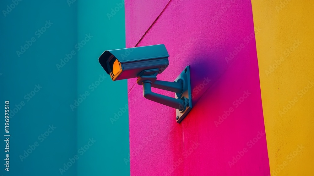 Poster a vibrant image of a cctv camera mounted on a storefront, monitoring the entrance and surrounding ar