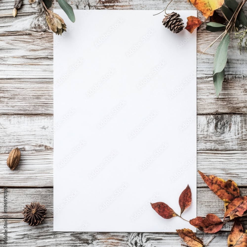Aufkleber Blank paper on rustic wooden table with autumn leaves and pine cones for creative projects and designs. Generative AI