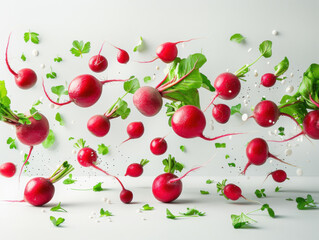 Various falling fresh ripe radish on light white background, horizontal composition