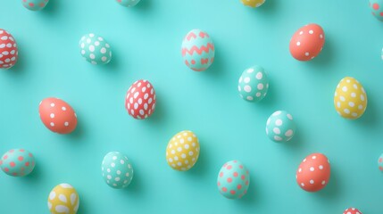 Many colorful Easter eggs on turquoise background with space for text. 
