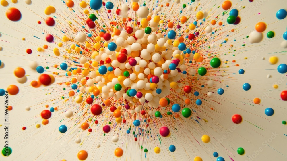 Canvas Prints a radial explosion of styrofoam mini balls in assorted bright colors, frozen mid-motion on a neutral