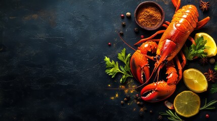 Bright red lobsters are arranged artistically on a dark table, accompanied by lemon wedges, herbs, and spices, creating an inviting seafood presentation