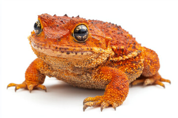 Naklejka premium Vibrant orange toad, striking eyes, textured skin, isolated on white.