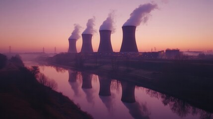 Three Cooling Towers at Sunrise, Industrial Landscape Reflection