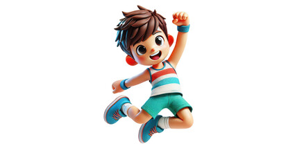 Boy jumping joyfully in sports attire outdoor playground cartoon style bright environment