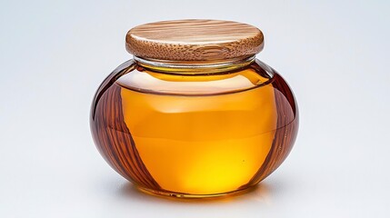 A photostock of a clear jar filled with golden honey, capped neatly with a wooden lid, placed on a white surface, symbolizing purity and sweetness. High Quality