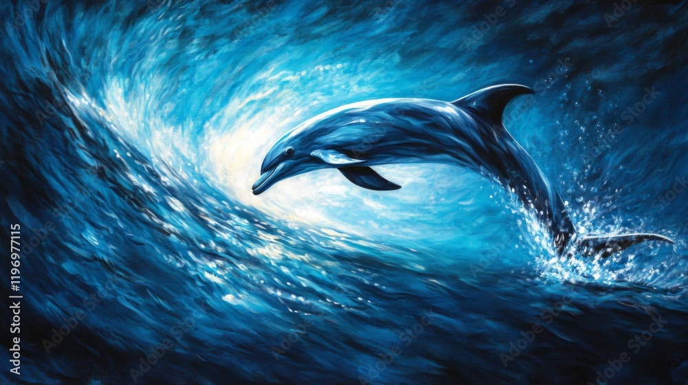 Poster close-up of a dolphins fin breaking through the waters surface, creating ripples against a deep blue