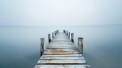 A serene wooden pier stretches into still water surrounded by a soft, hazy ambiance. Gentle ripples disturb the reflection of the cloudy sky, creating a peaceful atmosphere
