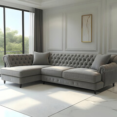 Fototapeta premium Elegant Grey Velvet Sectional Sofa in Modern Living Room