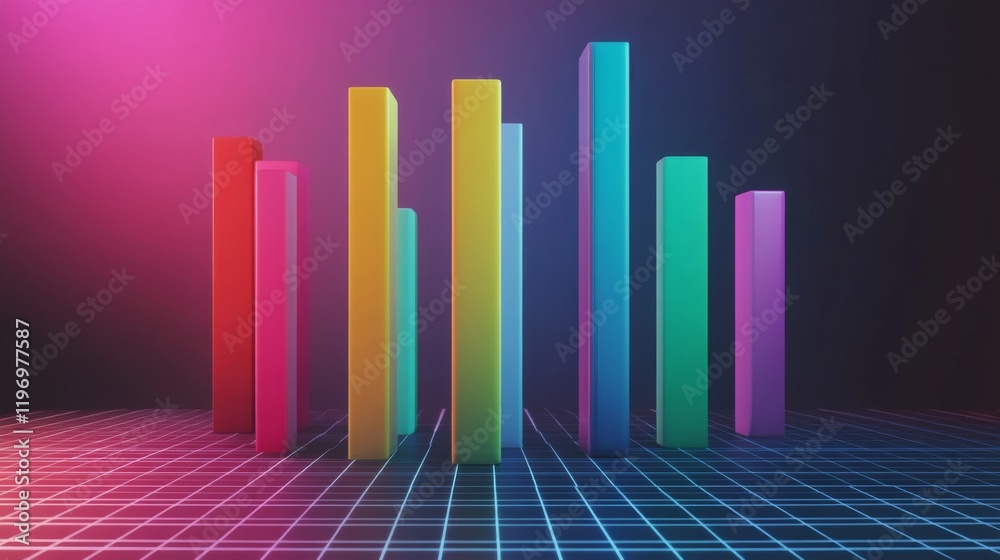 Leinwandbilder colorful d bars rising from a digital grid floor, with subtle lighting and a gradient background to 