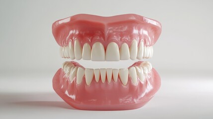 Obraz premium A detailed dental model displays upper and lower teeth prominently, designed for educational purposes. The bright background emphasizes the model's features, making it suitable for presentations