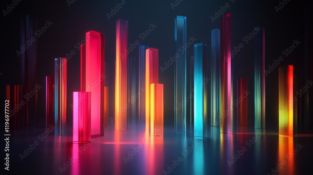 Aufkleber colorful d bar graph with tall, transparent bars on a reflective surface, casting shadows and illumi