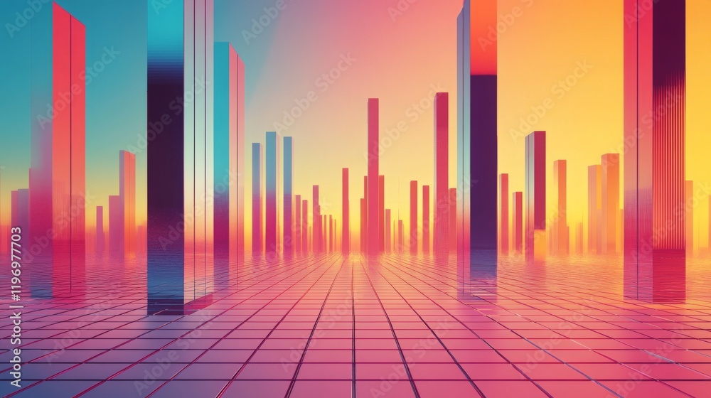 Leinwandbilder Colorful D bars rising from a digital grid floor, with subtle lighting and a gradient background to create a dynamic visual