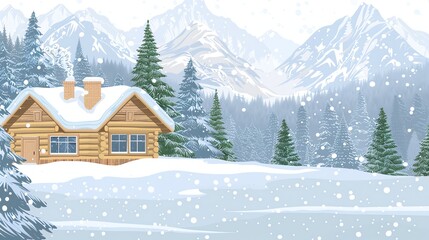 Fototapeta premium A cartoon illustration of a snowy mountain cabin in a snowy forest.