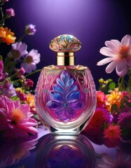 A vibrant perfume bottle, adorned with jewel-toned accents, sits amidst a profusion of lush, stylized flowers 