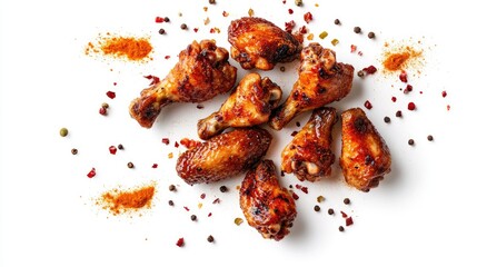 A shot of roasted chicken wings seasoned with spices, as the spices fly above, creating an action-packed scene isolated on a white background.