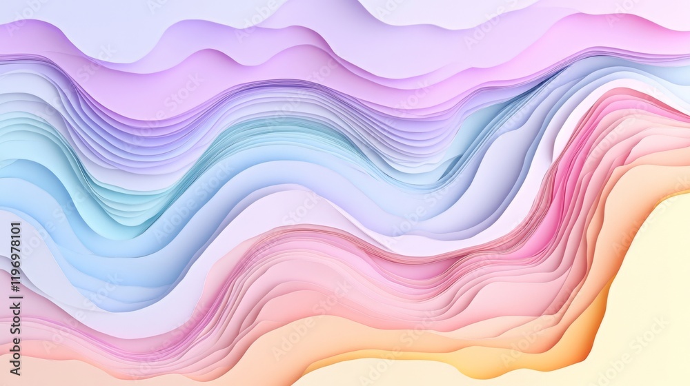 Poster Creative abstract graphic featuring layered paper-cut style shapes in pastel tones, creating a D visual effect with depth and texture