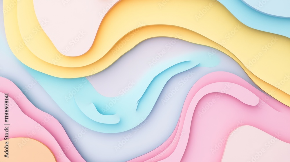 Poster creative abstract graphic featuring layered paper-cut style shapes in pastel tones, creating a d vis