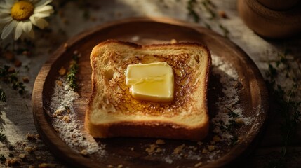 Crispy golden toast topped with melted butter, placed on a rustic wooden plate, with crumbs and herbs scattered around for a cozy breakfast vibe