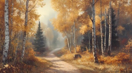 Fototapeta premium Serene Autumn Landscape with Majestic Birch Trees and Vibrant Orange Foliage in a Peaceful Forest Pathway Surrounded by Lush Greenery and Gentle Light
