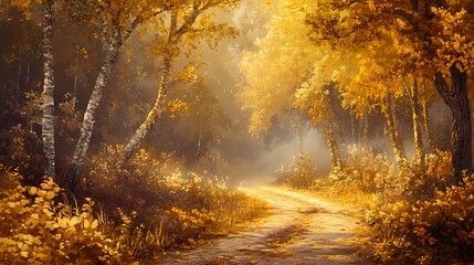 Fototapeta premium Serene Autumn Landscape with Golden Foliage, Sunlit Pathway, and Misty Forest Creating a Tranquil Atmosphere in Nature's Heart