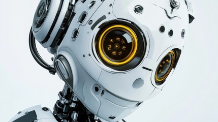 Fototapeta premium A robotic head with glowing yellow eyes