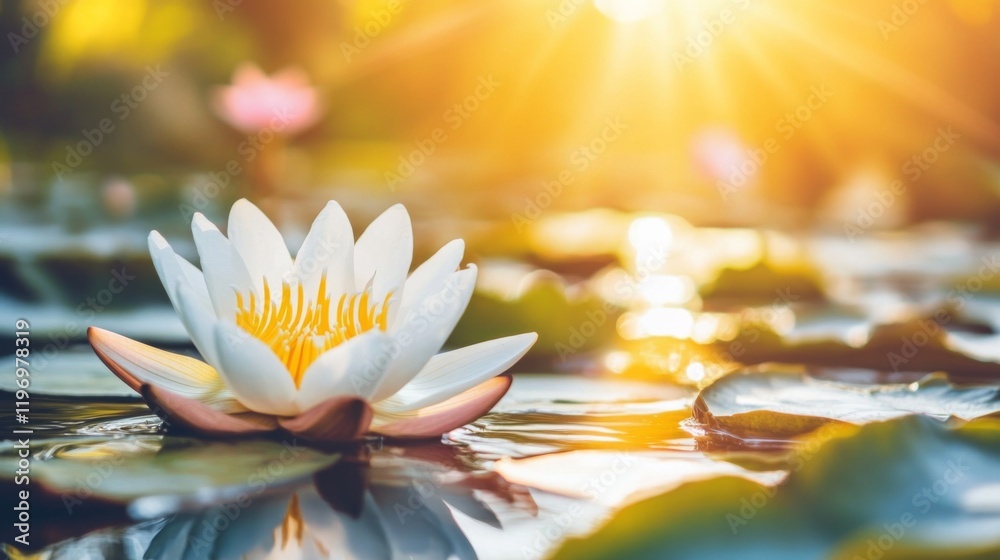 Poster delicate white lotus flower floating on the water surface, with sunlight streaming through surroundi