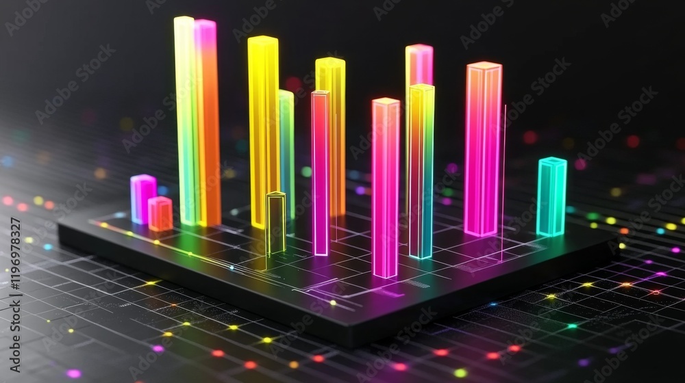 Aufkleber dark-themed d bar chart with neon-colored bars and a digital grid base, capturing a futuristic data 
