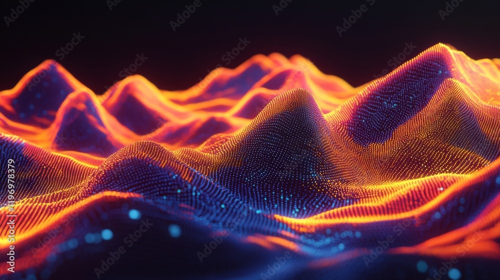 Fototapete dynamic data wave in vibrant neon colors, representing digital information flow on a black backgroun