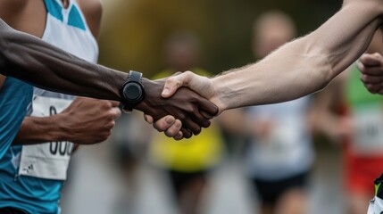 Men meeting at a racing event, handshake and smile