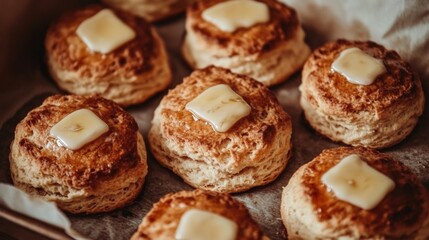 Fototapeta premium Freshly baked scones with melted butter on top, arranged on a baking tray lined with parchment paper, evoking a cozy, home-baked feel