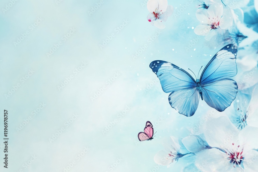 Poster bright blue butterflies among delicate blossoms create a serene and inviting atmosphere for text dis