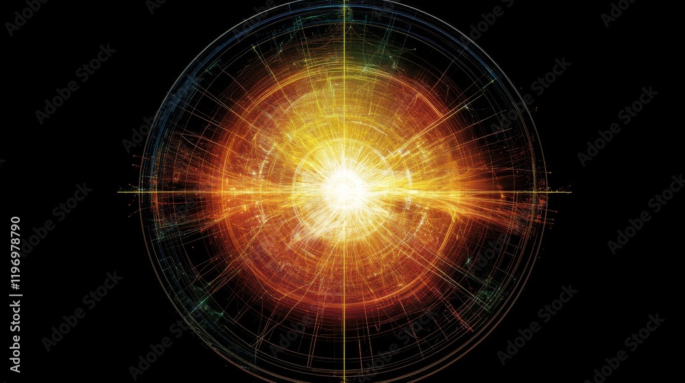 Fototapete futuristic radar-style circular graphic with bright neon lines and rotating elements on a dark tech-