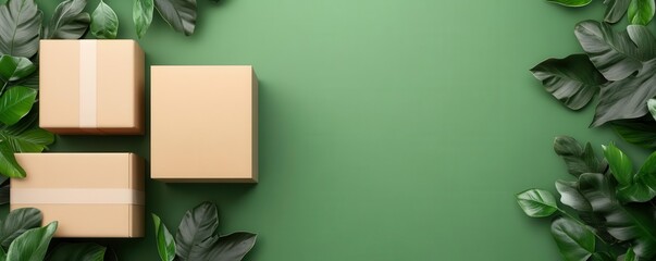 A minimalistic arrangement of cardboard boxes surrounded by lush green leaves on a solid green background.
