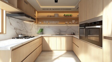 A Scandinavian kitchen with light oak cabinetry, marble countertops, and an open shelving system for a natural, minimalistic look. 