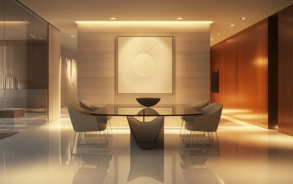 A 3D rendering of a modern dining area featuring a sleek glass dining table, designer chairs with a minimalist design, and bold wall art that serves as the focal point.  - Powered by Adobe