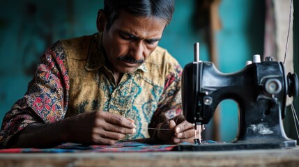 Indian Tailor Craftsman Sewing Machine Thread Needlework Fabric Artisan