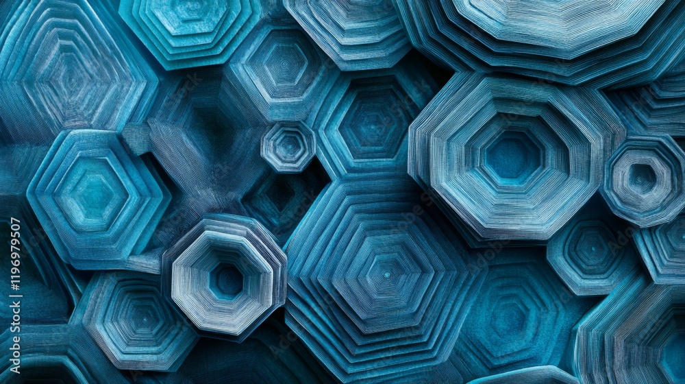 Poster hexagonal geometric patterns in cool blue tones, layered with shadows and textures for a modern, tec