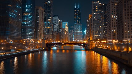 High-rise buildings illuminated at night with lights reflected on a nearby river, creating a calm, urban nightscape