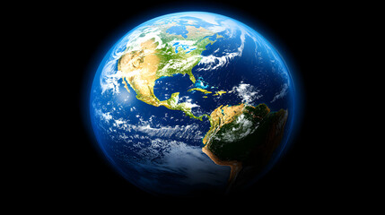 Fototapeta premium Stunning high-resolution image of planet Earth, showcasing North and South America, detailed continents, oceans, and atmospheric features against a black background.
