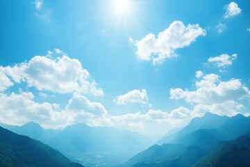 Serene blue sky with fluffy clouds over majestic mountain range in bright daylight inviting endless possibilities for text. Generative AI