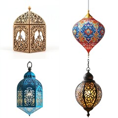 Four ornate lanterns;  metal, glass, hanging,  tabletop,  colorful,  decorative,  lamps,  lighting.