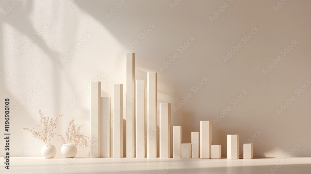 Poster minimalist d bar chart with tall, sleek bars in monochromatic tones, casting shadows on a clean, whi
